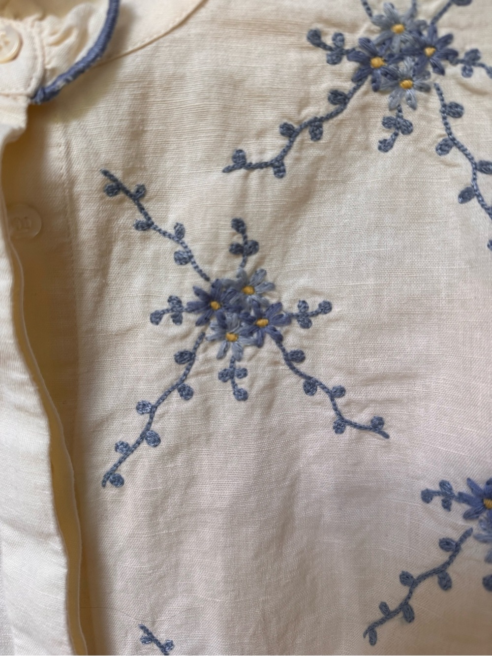 Sezane Cream Linen Blouse with Blue Embroidered Flowers - Picture 2 of 6